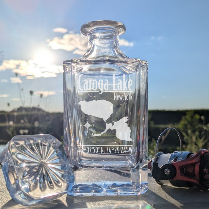 Caroga Lake New York Modern engraved square whiskey decanter - fishing lifestyle scene