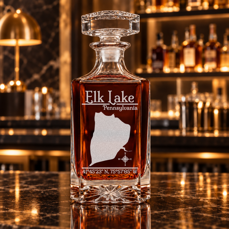Elk Lake Pennsylvania Classic engraved square whiskey decanter - decanter alone