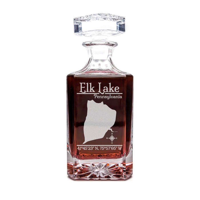 Elk Lake Pennsylvania Classic engraved square whiskey decanter - light lifestyle scene
