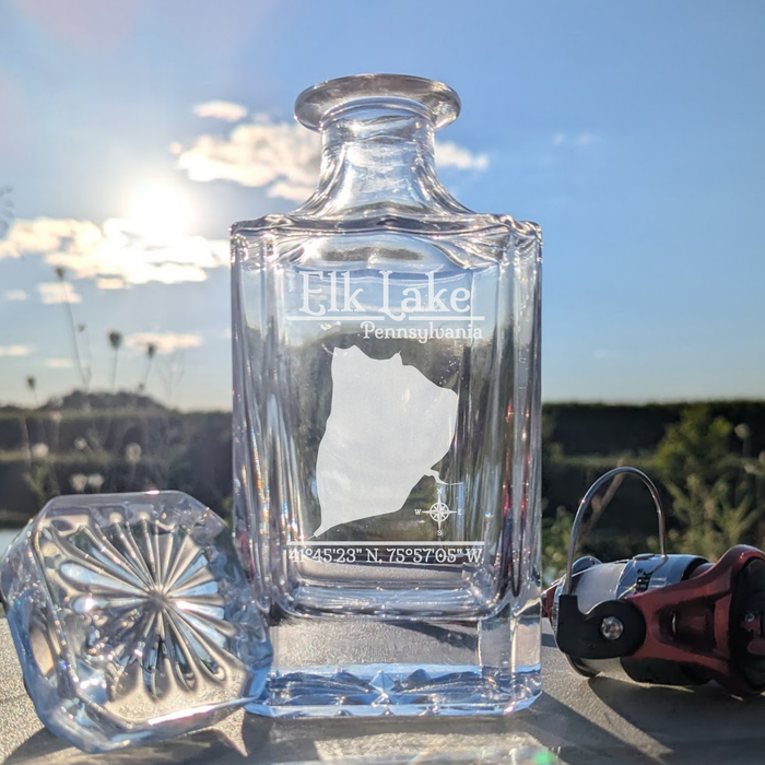 Elk Lake Pennsylvania Classic engraved square whiskey decanter - fishing lifestyle scene