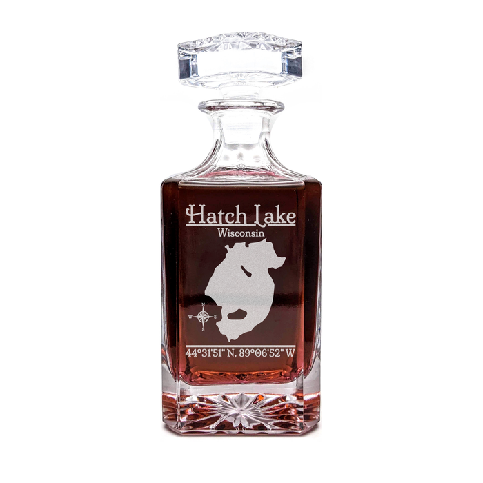 Hatch Lake Wisconsin Classic engraved square whiskey decanter - light lifestyle scene