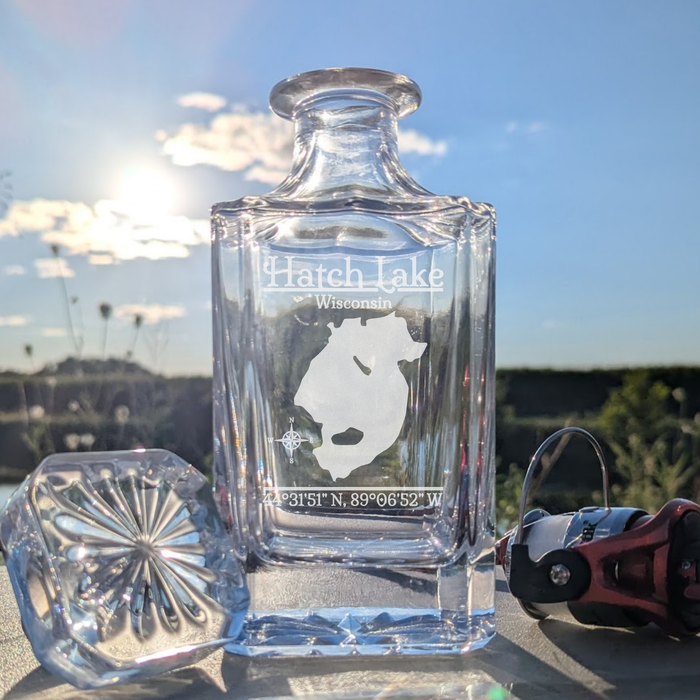Hatch Lake Wisconsin Classic engraved square whiskey decanter - fishing lifestyle scene