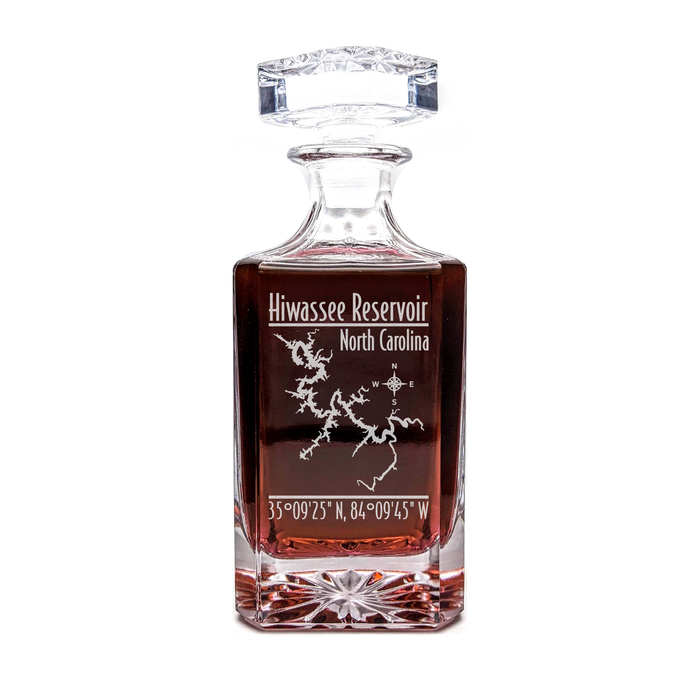 Hiwassee Reservoir North Carolina Modern engraved square whiskey decanter - light lifestyle scene