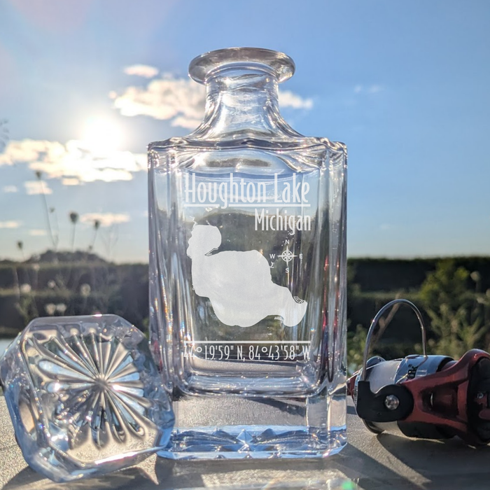 Houghton Lake Michigan Modern engraved square whiskey decanter - fishing lifestyle scene