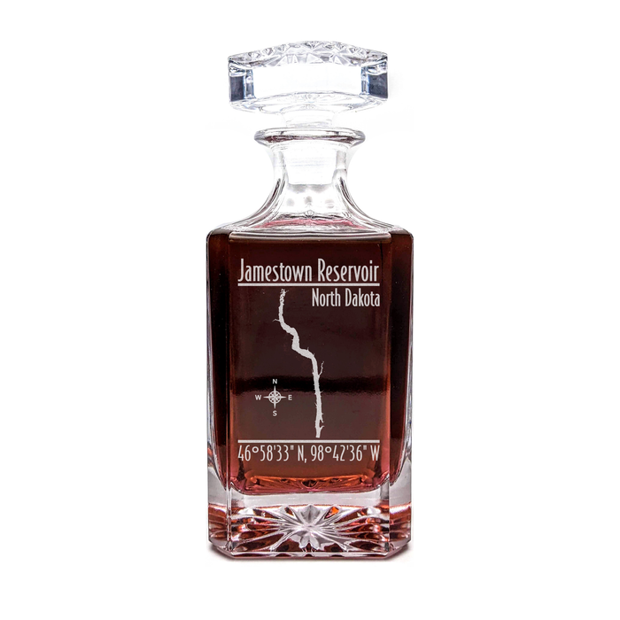 Jamestown Reservoir North Dakota Modern engraved square whiskey decanter - light lifestyle scene