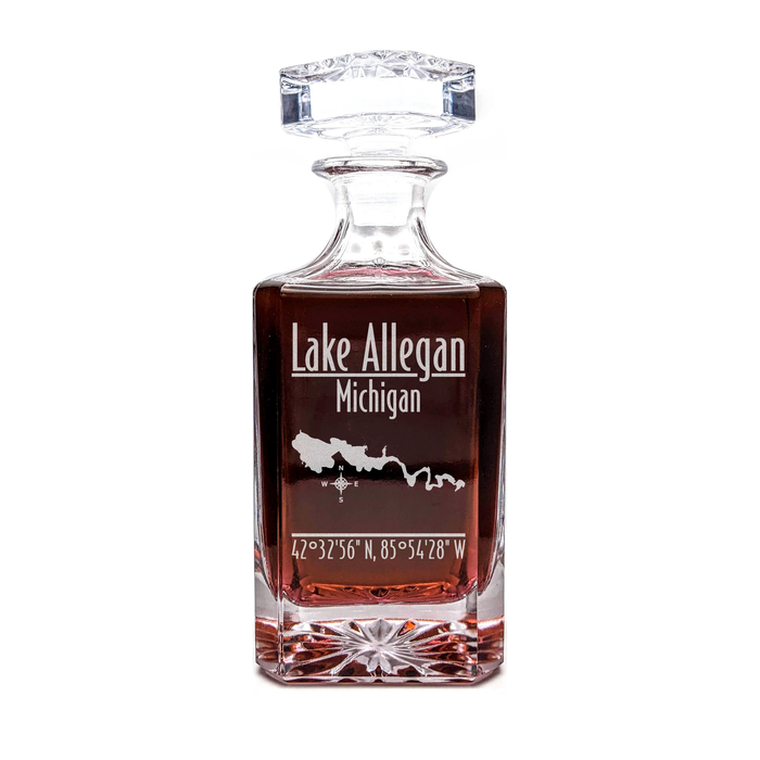 Lake Allegan Michigan Modern engraved square whiskey decanter - light lifestyle scene