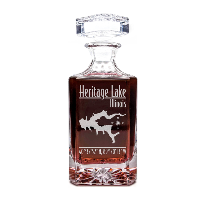 Heritage Lake Illinois Modern engraved square whiskey decanter - light lifestyle scene