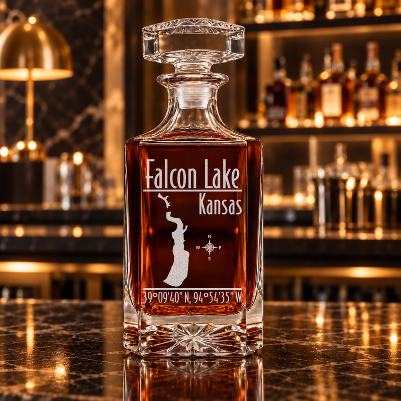 Falcon Lake Kansas Modern engraved square whiskey decanter - decanter alone