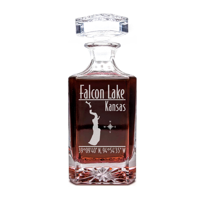 Falcon Lake Kansas Modern engraved square whiskey decanter - light lifestyle scene