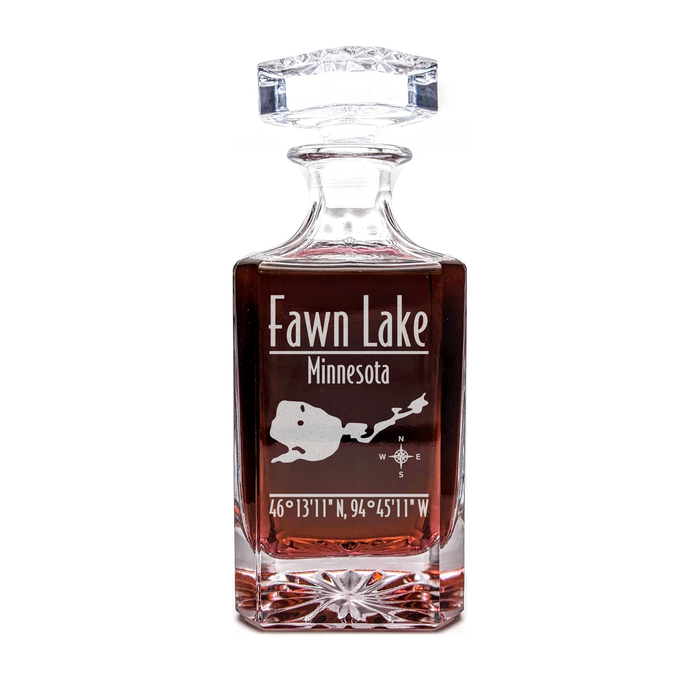 Fawn Lake Minnesota Modern engraved square whiskey decanter - light lifestyle scene