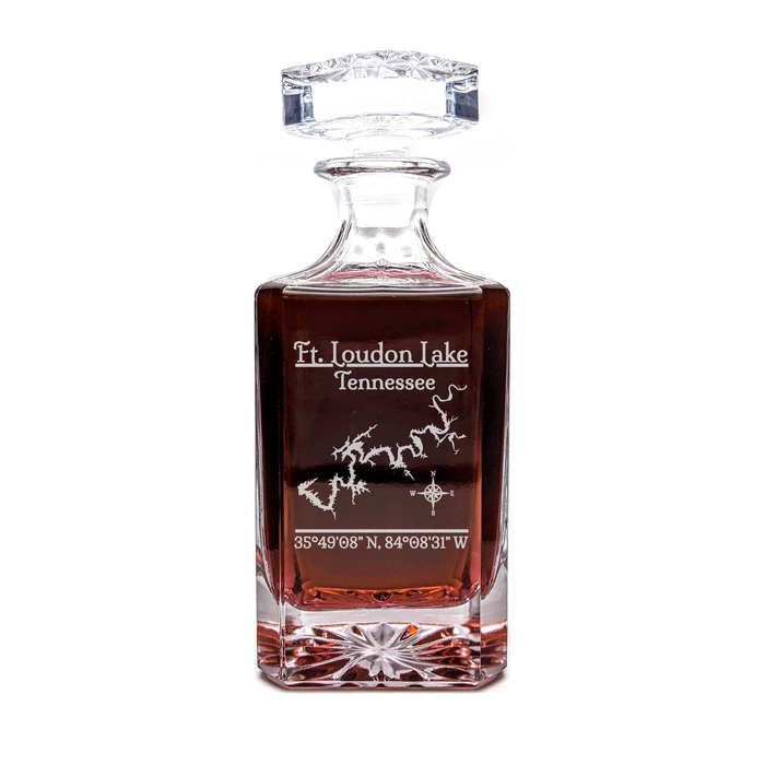 Fort Loudoun Lake Tennessee Classic engraved square whiskey decanter - light lifestyle scene