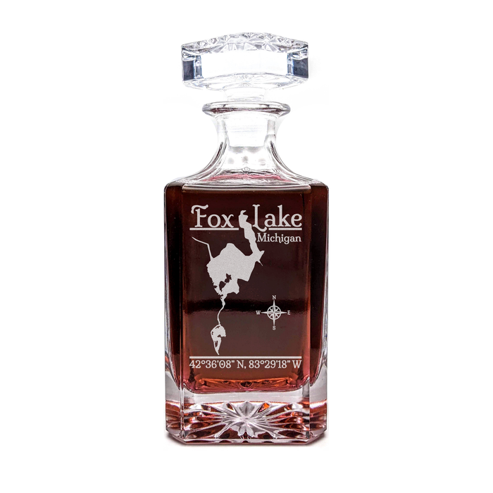 Fox Lake Michigan Classic engraved square whiskey decanter - light lifestyle scene