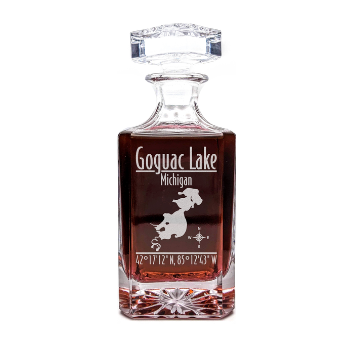 Goguac Lake Michigan Modern engraved square whiskey decanter - light lifestyle scene