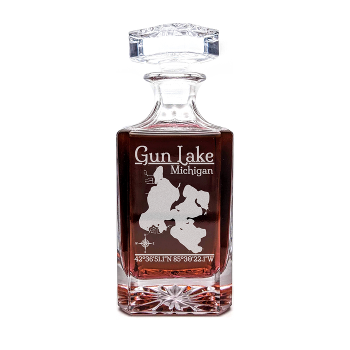 Gun Lake Michigan Classic engraved square whiskey decanter - light lifestyle scene