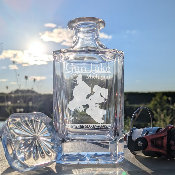 Gun Lake Michigan Classic engraved square whiskey decanter - fishing lifestyle scene