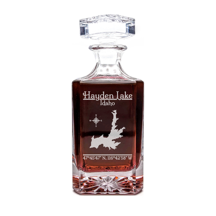 Hayden Lake Idaho Classic engraved square whiskey decanter - light lifestyle scene