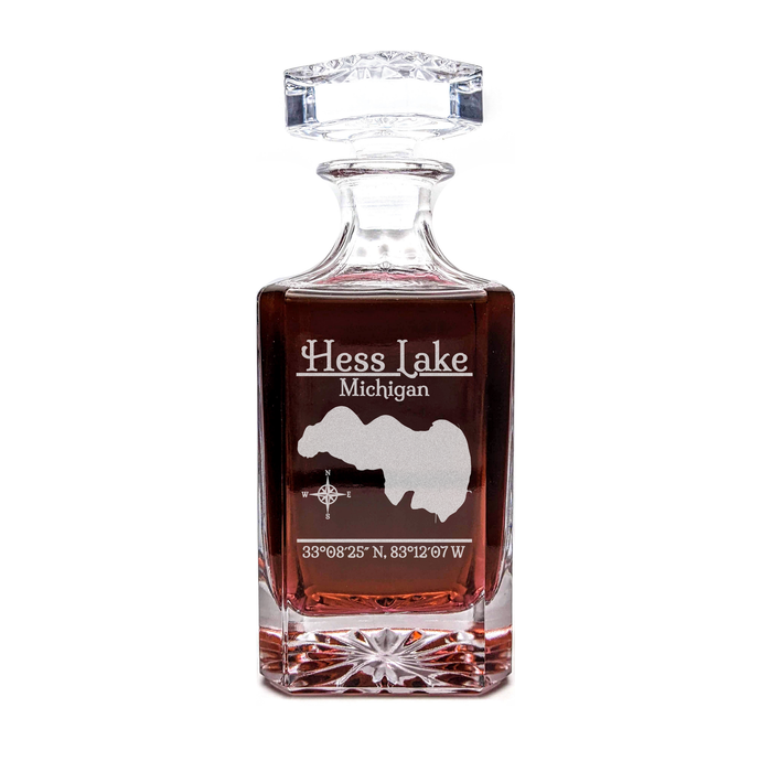 Hess Lake Michigan Classic engraved square whiskey decanter - light lifestyle scene
