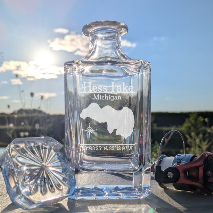 Hess Lake Michigan Classic engraved square whiskey decanter - fishing lifestyle scene