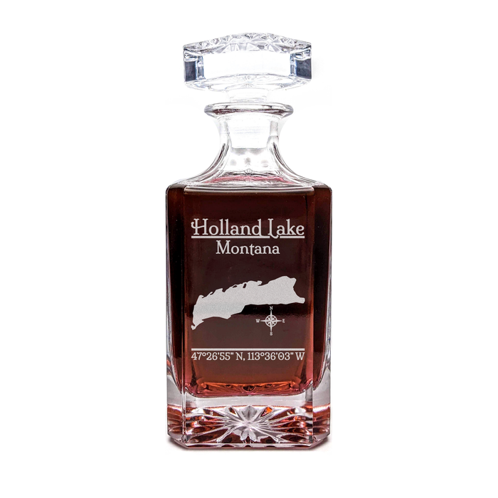 Holland Lake Montana Classic engraved square whiskey decanter - light lifestyle scene