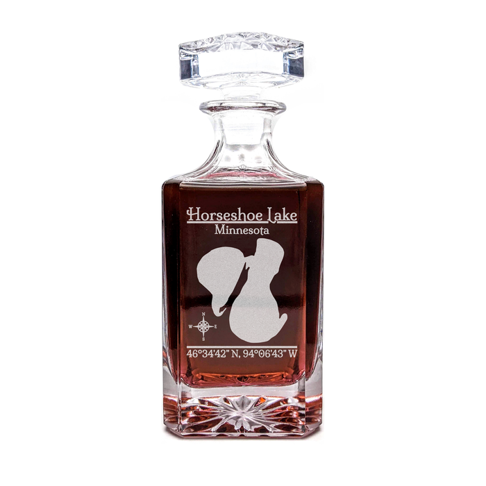 Horseshoe Lake Minnesota Classic engraved square whiskey decanter - light lifestyle scene