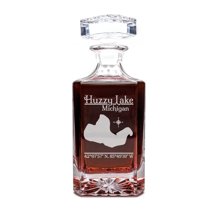 Huzzy Lake Michigan Classic engraved square whiskey decanter - light lifestyle scene