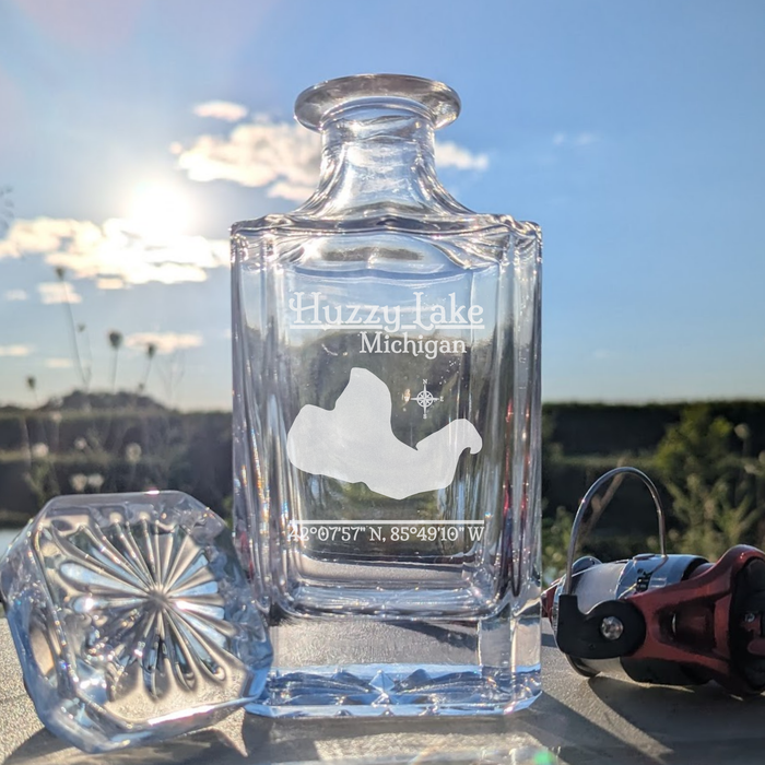 Huzzy Lake Michigan Classic engraved square whiskey decanter - fishing lifestyle scene