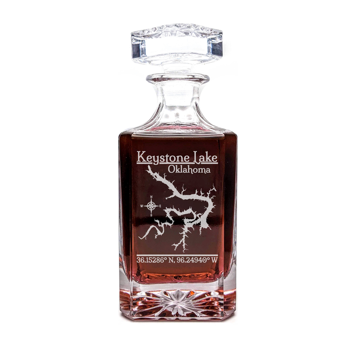 Keystone Lake Oklahoma Classic engraved square whiskey decanter - light lifestyle scene