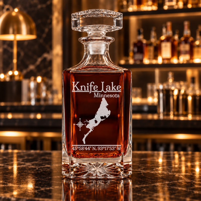 Knife Lake Minnesota Classic engraved square whiskey decanter - decanter alone