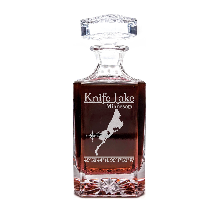 Knife Lake Minnesota Classic engraved square whiskey decanter - light lifestyle scene