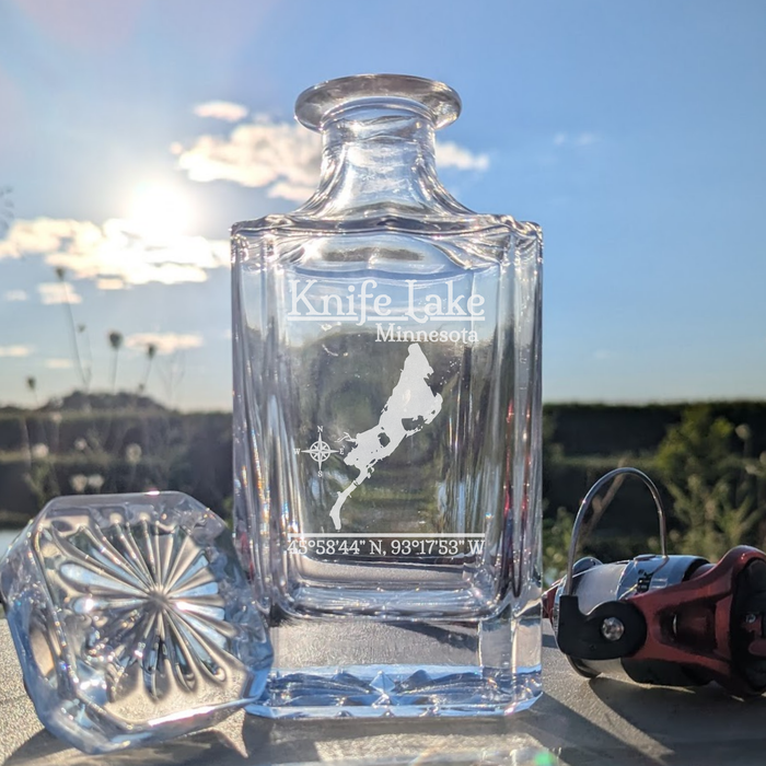 Knife Lake Minnesota Classic engraved square whiskey decanter - fishing lifestyle scene