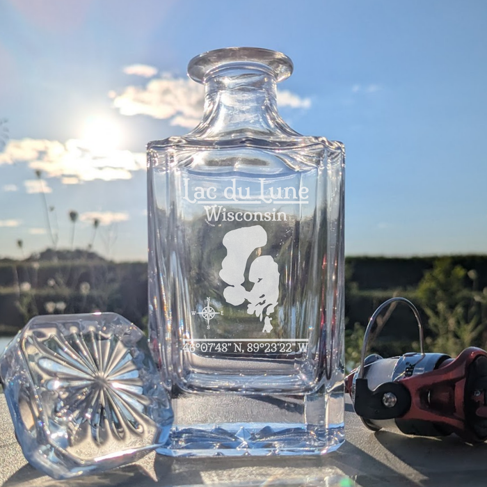 Lac Du Lune Wisconsin Classic engraved square whiskey decanter - fishing lifestyle scene