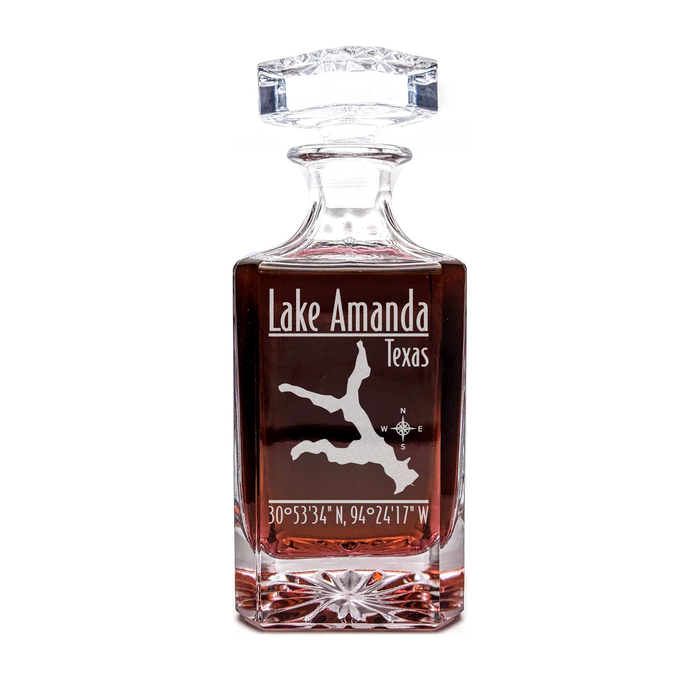 Lake Amanda Texas Modern engraved square whiskey decanter - light lifestyle scene