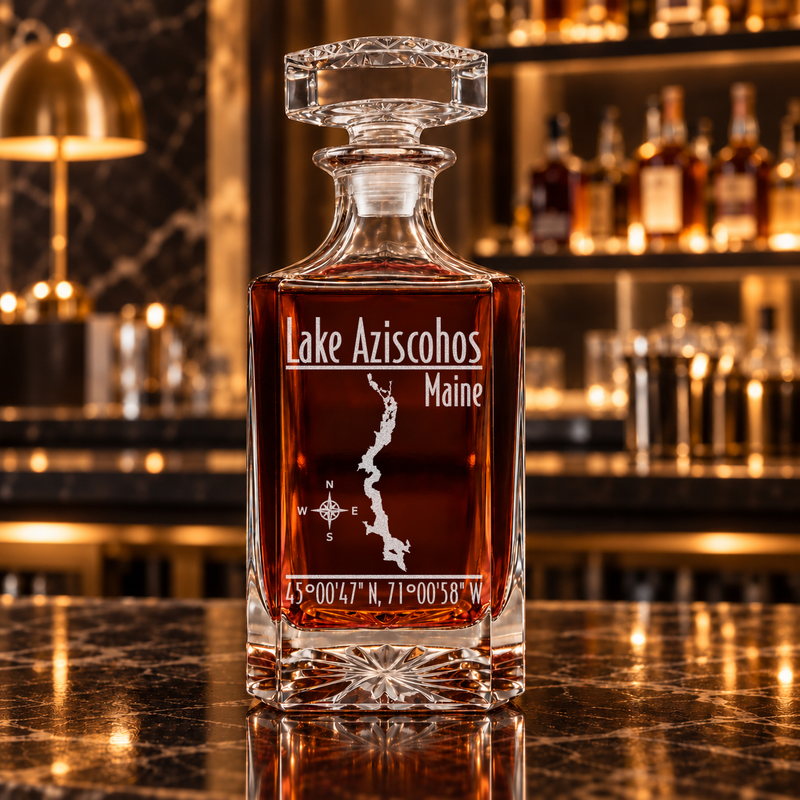 Lake Aziscohos Maine Modern engraved square whiskey decanter - decanter alone