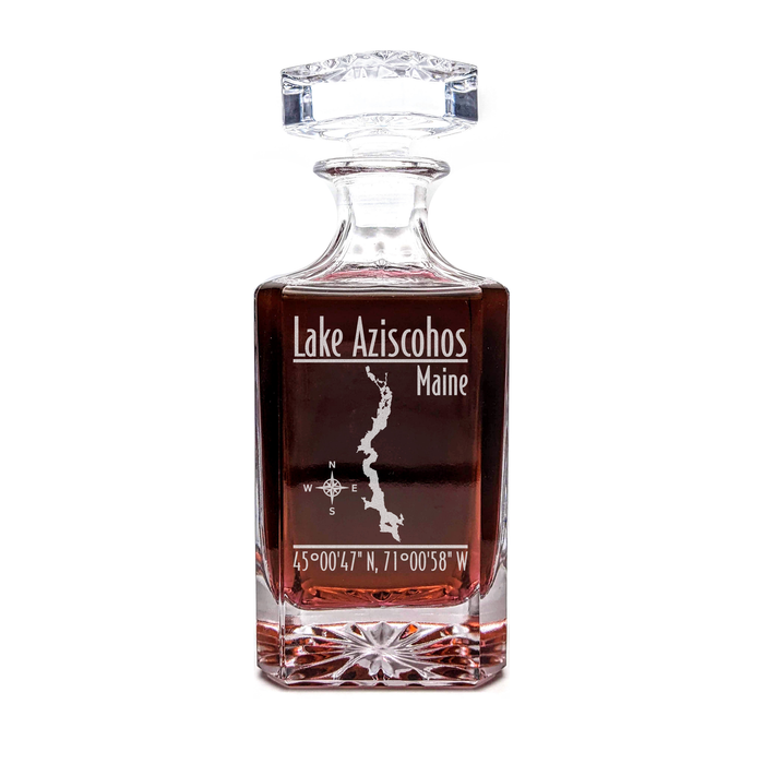 Lake Aziscohos Maine Modern engraved square whiskey decanter - light lifestyle scene