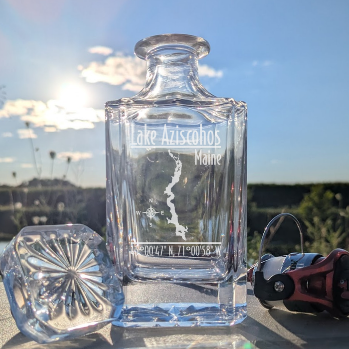 Lake Aziscohos Maine Modern engraved square whiskey decanter - fishing lifestyle scene