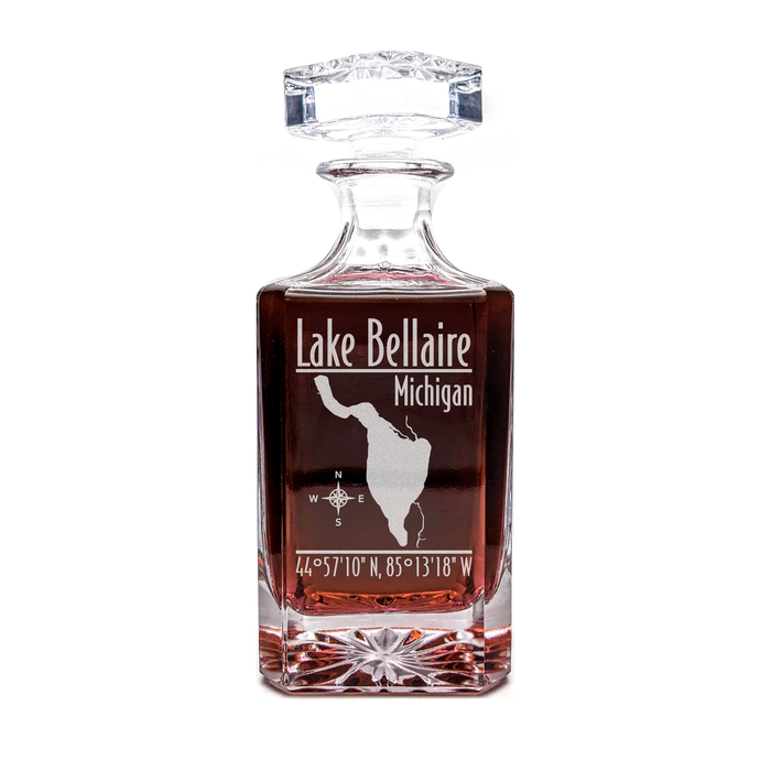 Lake Bellaire Michigan Modern engraved square whiskey decanter - light lifestyle scene