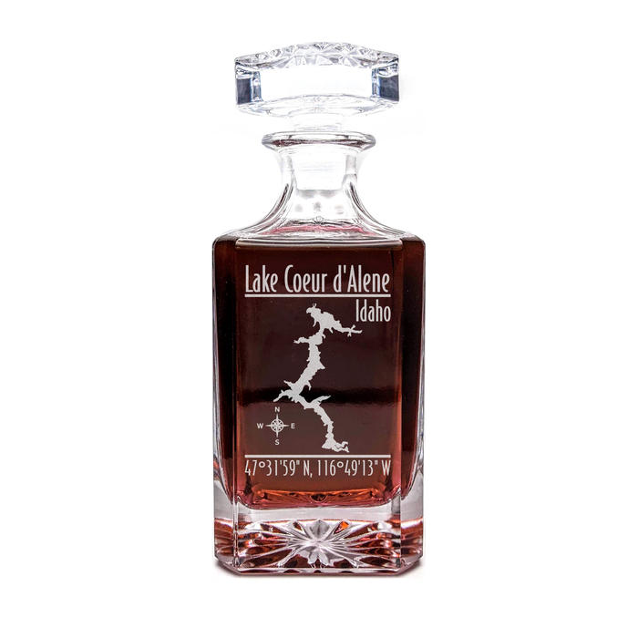 Lake Coeur D'alene Idaho Modern engraved square whiskey decanter - light lifestyle scene