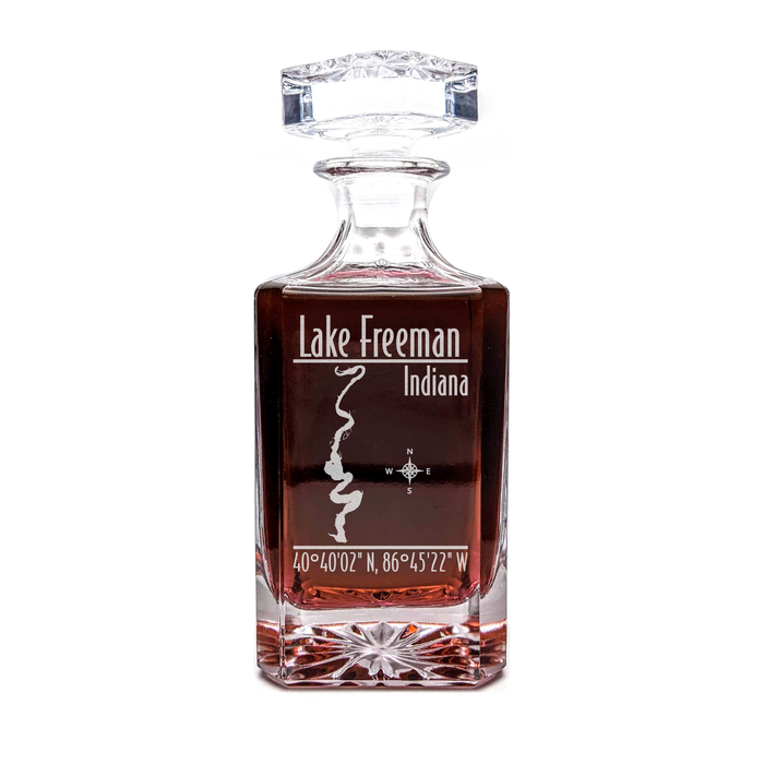 Lake Freeman Indiana Modern engraved square whiskey decanter - light lifestyle scene