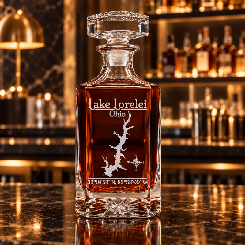 Lake Lorelei Ohio Classic engraved square whiskey decanter - decanter alone