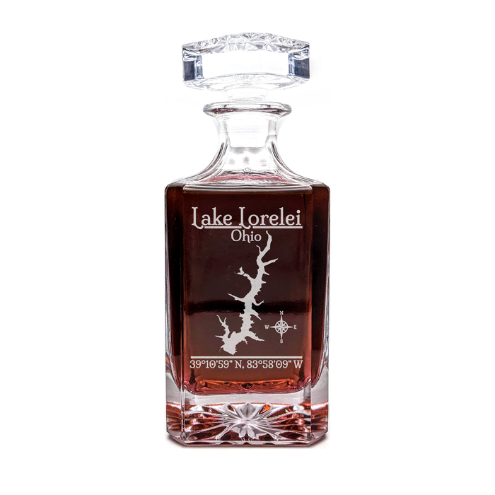 Lake Lorelei Ohio Classic engraved square whiskey decanter - light lifestyle scene
