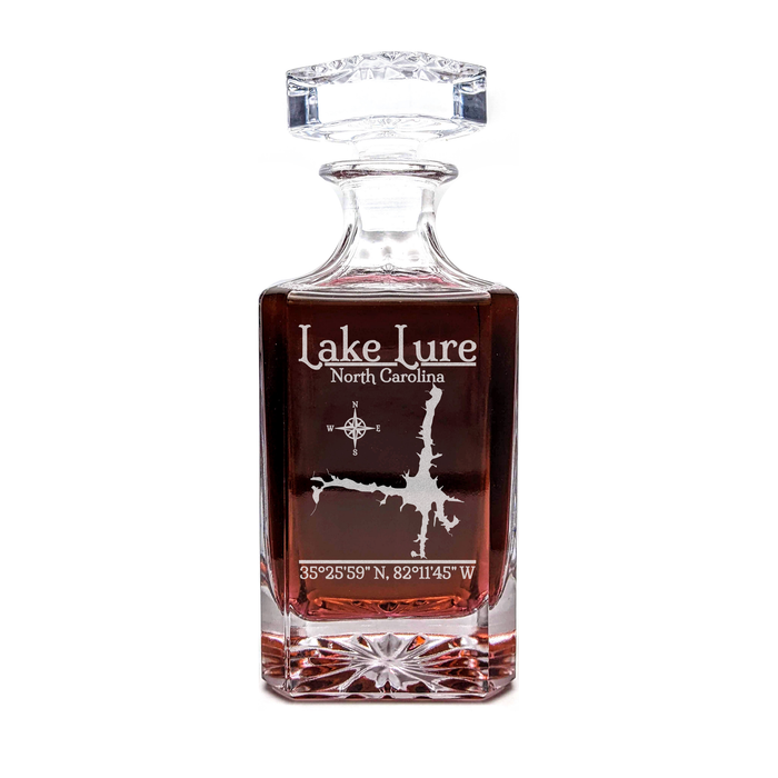 Lake Lure North Carolina Classic engraved square whiskey decanter - light lifestyle scene