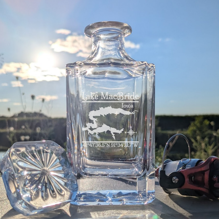 Lake Macbride Iowa Classic engraved square whiskey decanter - fishing lifestyle scene