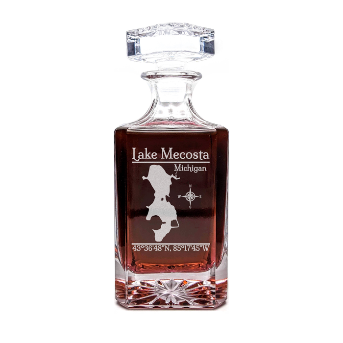 Lake Mecosta Michigan Classic engraved square whiskey decanter - light lifestyle scene