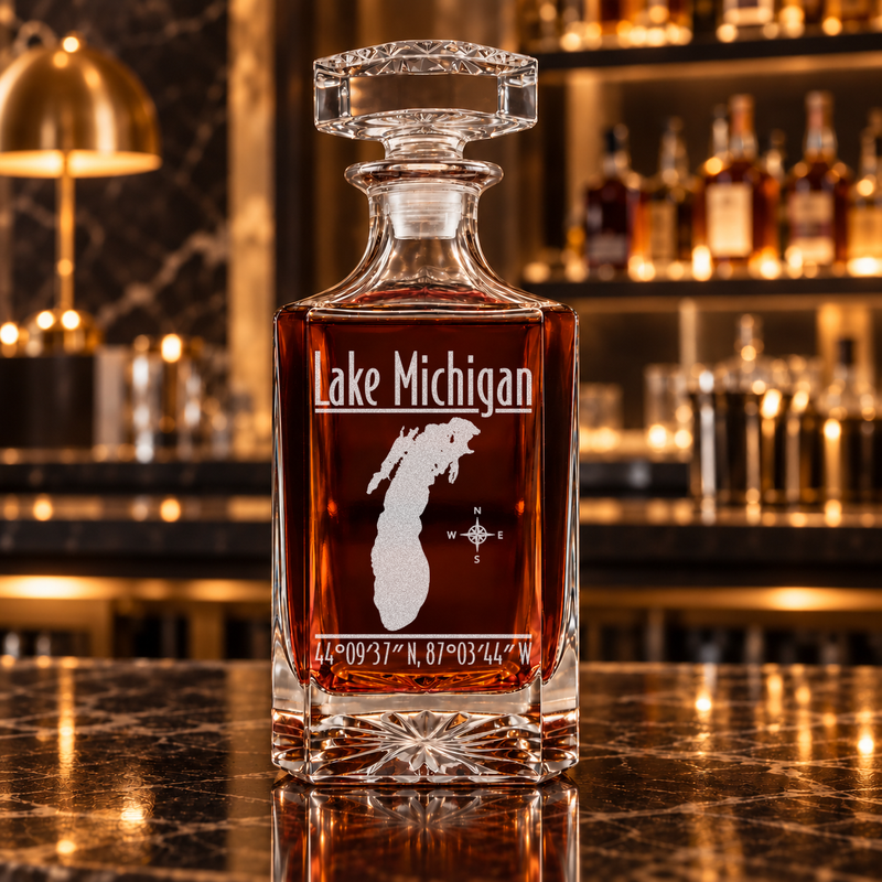 Lake Michigan Michigan Modern engraved square whiskey decanter - decanter alone