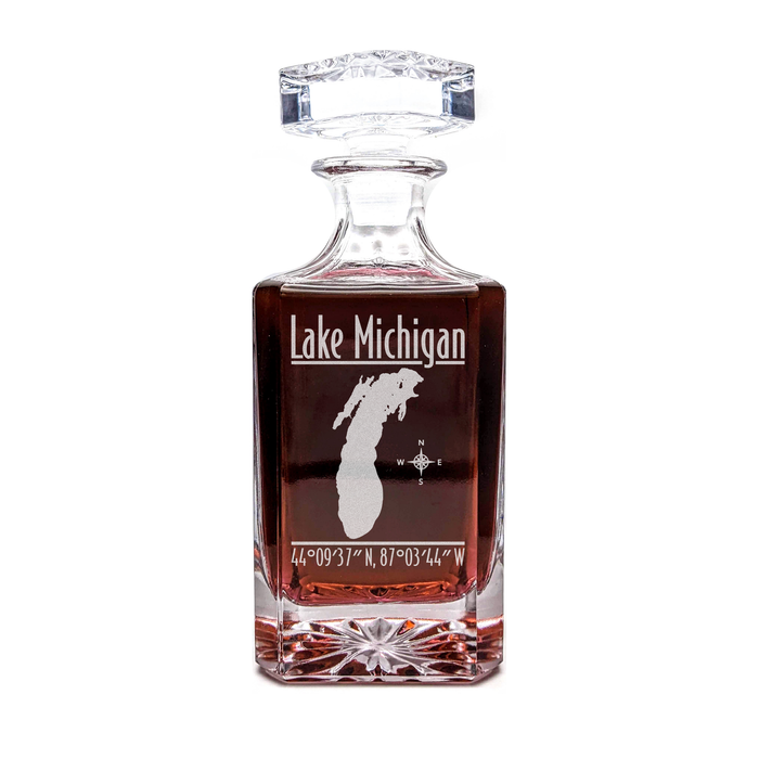 Lake Michigan Michigan Modern engraved square whiskey decanter - light lifestyle scene