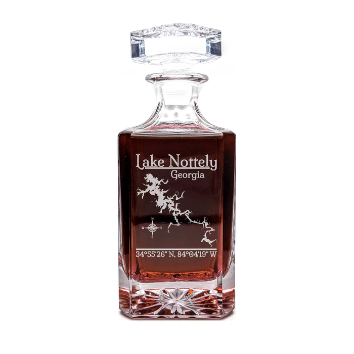 Lake Nottely Georgia Classic engraved square whiskey decanter - light lifestyle scene