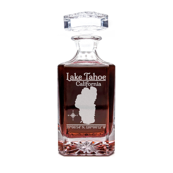 Lake Tahoe California Classic engraved square whiskey decanter - light lifestyle scene