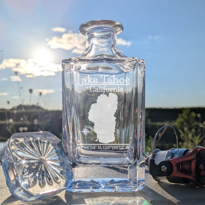 Lake Tahoe California Classic engraved square whiskey decanter - fishing lifestyle scene