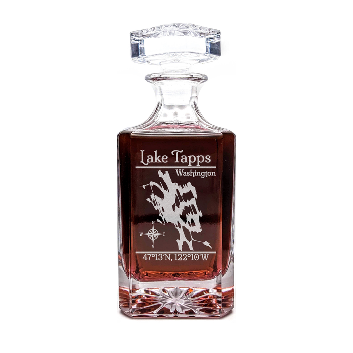 Lake Tapps Washington Classic engraved square whiskey decanter - light lifestyle scene