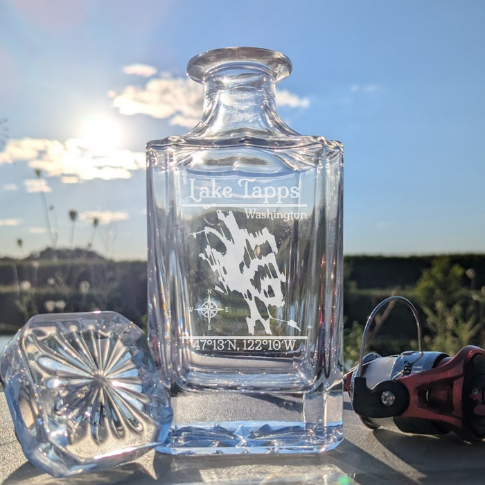 Lake Tapps Washington Classic engraved square whiskey decanter - fishing lifestyle scene